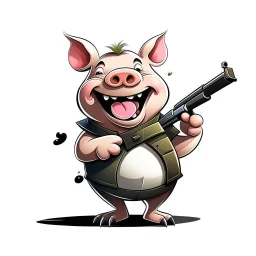 Little pig laughing, armed with a gun, cartoon style, James Bond style, vivid and dark colors, white background, 32k UHD