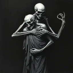 The image is a dark, haunting, monochromatic artwork that portrays a skeletal figure embracing or overpowering a human-like strong male figure. The skeletal entity looms from behind, its bony arms wrapped around the human, who appears to be partially draped in tattered cloth and in a state of despair or submission. ...