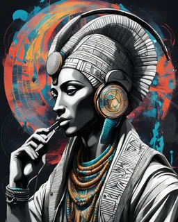 Illustrative sketch of Pharaoh Akhenaten in music with headphones, contrasting colors, full body, ultra quality, hyper detailed, graffiti, concept art, maximalism, 8k