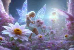 one big crystal subtle flower in a galactic ambiance with a very little beautiful fairy, transparent petals, delicate colors, in the foreground, full of details, smooth, bright sunshine，soft light atmosphere, light effect，vaporwave colorful, concept art, smooth, extremely sharp detail, finely tuned detail, ultra high definition, 8 k, unreal engine 5, ultra sharp focus