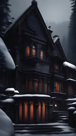 dark gothic mansion in snowy high mountains, cozy atmosphere