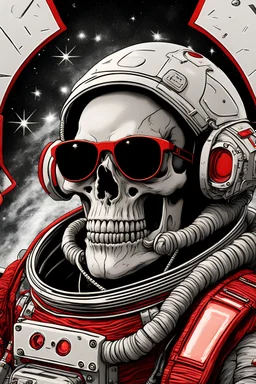 Midjourney style of detailed and intricate skull wearing red sunglasses| wearing cosmonaut suit| portrait and science fiction theme| aurora lighting| nebula and stars| stunning environment| volumetric lighting| vibrant