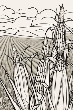 coloring page, corn field, cartoon style, thick lines, low detail, no shading