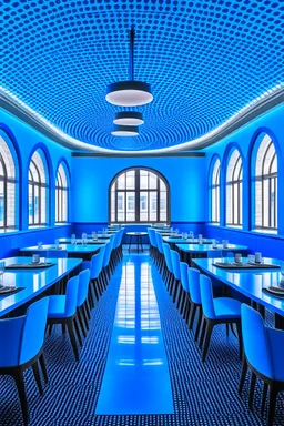 A restaurant with the outer shape of the walls in blue and a white floor. It contains one table in the middle of the restaurant, and the walls are oval in shape, containing 30 chairs.