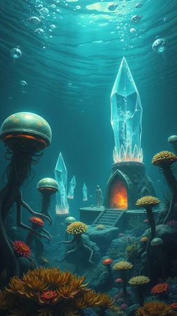 Under the water aliens colony with Crystal dooms and strange sea plants