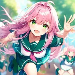 Clear focus,8k,Beatiful Lighting,Detailed, pink long fluffy hair, long fluffy bangs, green eyes, wearing a sailor uniform, jumping, happy