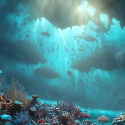 underwater ocean scene, bizarre sea creatures, beams of light streaming through, background of colorful reefs, a highly detailed illustration, realistic render, 8 k, micro detail, intricate, elegant, centered, digital painting, smooth, sharp focus, illustration, artgerm, tomasz alen kopera, peter mohrbacher, donato giancola, joseph christian leyendecker, wlop, boris vallejo