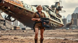 A 60-year-old woman with blond hair, a brown shirt, shorts, and boots, holding an armful of complex equipment, standing in front of a grounded cargo spaceship, with a ruined city in the background.