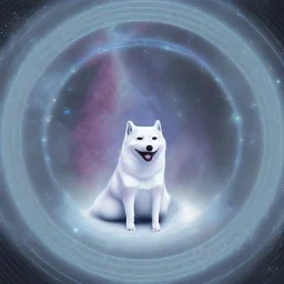 albino shiba inu, ethereal blue violet aura, Orion constellations, orbs, hunter