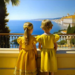 Neoclassicism 2 childeren from the back looking at the sea painting yellow realistic cote d'azur