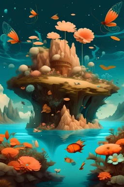 a surreal scene featuring giant flowers sprouting from floating islands with an interesting blend of coral reefs, butterflies, and stars. Compose it in a style inspired by Salvador Dali.