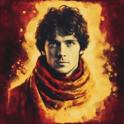 harry scarf red and yellow with glowing eyes in anthotype print art style