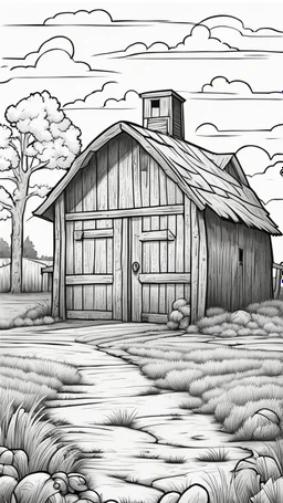 coloring page, old barn, cartoon style, thick lines, low detail, no shading