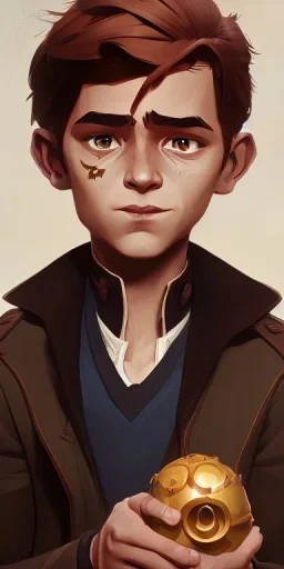 Portrait of a handsome brown haired little warlock kid with familiar by Jim Kay