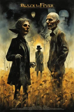 Modern horror Movie poster for text "BLACK LUNG HAY FEVER" by Drew Struzan, author text "S.E. CASEY", by Dave McKean, small dusty midwestern farm town set barren field afire to exorcise the spirits of two sinister scarecrows whose profiles can be seen in the distance, eerie, uncanny, ghastly surreal horror, digital collage art. double exposure effect, dark colors, dramatic, text "BLACK LUNG HAY FEVER"