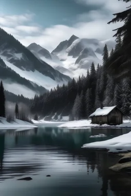 Icy mountains and a hut surrounded by trees with a frozen lake in front of it