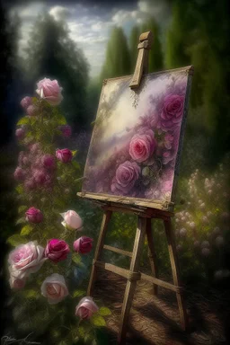 in the rose garden, an artist's workshop, an easel, a canvas with a rose pattern, bushes of vintage garden roses with buds , complex burgundy, purple roses, a work of art, hyperdetalization, professionally, filigree, misty haze, surrealism, transparent, delicate pastel tones, contour lighting, grunge style, volumetric watercolor, aesthetically beautiful, realistic, high resolution, high detail, ISO 100 photosensitivity and f/2.8. 1/250 aperture with a 30, 32KB lens