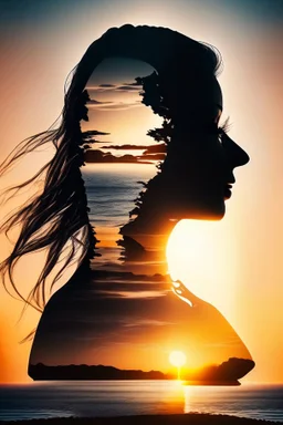 high quality, 8K Ultra HD, A beautiful double exposure that combines an goddess silhouette with sunset coast, sunset coast should serve as the underlying backdrop, with its details incorporated into the goddess , crisp lines, The background is monochrome, sharp focus, double exposure, by yukisakura, awesome full color,