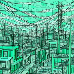 A mint colored city with electrical towers in the sky designed in Navajo woven art painted by Vincent van Gogh