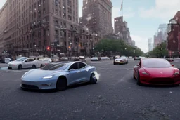 A Tesla 'Model Y' is racing at top speed, near the Flatiron Building in Manhattan. (CINEMATIC, WIDE ANGLE LENS, PHOTO REAL)