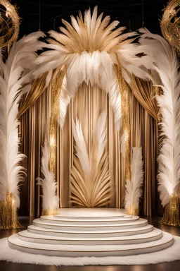 an event backdrop full of whitish gold feathers stage that is inspired by the greatest showman as well as the great gatsby