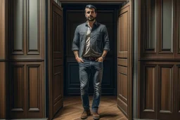 man in jeans and a shirt standing in a room of doors