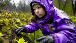 A human interpreter, Asian descent, wearing purple protective gear, examining a contamination hive, alien plant life, overcast autumn day.