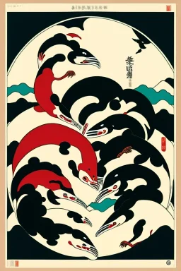  a group of animals that are on top of each other, a poster by Nōami, ukiyo-e, anime aesthetic, minimalist.