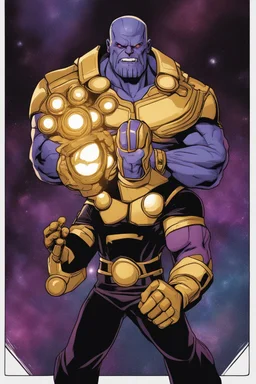 A sporty looking man with With a serious his face while holding Thanos' gantlet K's infinity gauntlet has six infinity stones