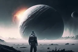 person seeing a grey exoplanet, sci-fi, very epic