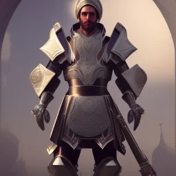 A handsome npc standing in front of a church, futuristic design, a paradise in background, close-up face, geometric armor, female face, 3d unreal engine