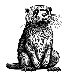 Otter mascot, white background, thick black lines, standing and looking into the distance