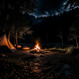 Dark rainy night with campfire and nature