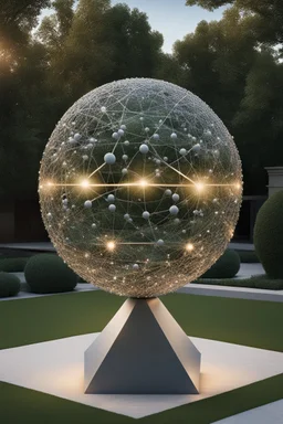 оформление территории со статуей шара виде атома/молекула. Сделать поверхность шара похожей на модель атома или молекулы, используя геометрические формы, светящиеся элементы или проекцию. . Для этого можно использовать различные геометрические формы, такие как круги, треугольники, шестиугольники и т. д., чтобы создать абстрактное изображение структуры атома или молекулы. Кроме того, возможно использование светящихся элементов, чтобы придать статуе особую магическую атмосферу и привлечь внимание