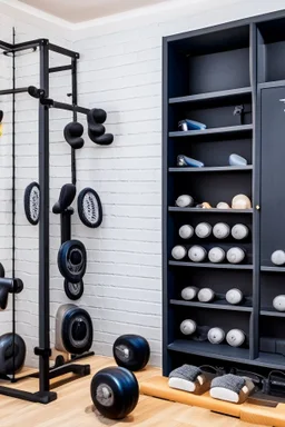 Home gym, wall with a kabinet with weights and small gym equipment.