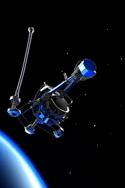 In a sci-fi starry sky background, a slender space flexible robotic arm is located on the satellite in the frame.