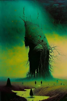 strange landscape creatures and people, fantastical surrealist otherworldly, moody colors, , absurb, Minimalist, dystopia, elegant, surreal, stormy cloudscosmic, terrifying, eternal, mysterious.) decayed and suffering humanoid lost ravaged landscape. Macabe Oppressive definition acrylic art Artist Beksinski