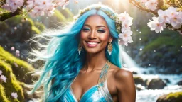 Portrait of a gorgeous smiling skinny polynesian goddess with a golden dark skin, long smooth clear turquoise blue white hair, blue eyes, in a sci-fi outfit with luminous strikes blowing a kiss in a hill of flowers with sakura trees, a small torrent, loads of mini flowers, moss, sun rays through the branches, particles in the air at spring