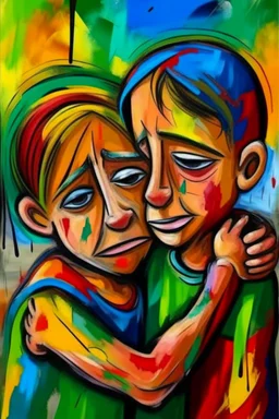 a girl hug her brother and both crying sadly, expressionism, Pixar style, in abstract art Basquiat, Picasso, Miro, Kandinsky, Klee, Birell, Fairey, Ardon, Buffet and Picasso style, HD --s 750 --v 5.1 --style raw, water color