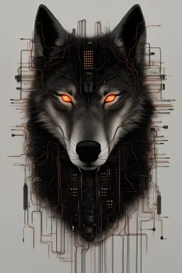 "The image depicts the head of a wolf against a black background, its silhouette splitting halfway into a fusion of electronic and electrical components. The electronic half appears composed of microprocessors, LED diodes, and wires, forming a futuristic interpretation of wolf physiognomy. Meanwhile, the electrical half is constructed of cables, high-voltage wires, and sparking discharges, creating a spectacular representation of energy and power. The wolf's expression of strength blends with fu