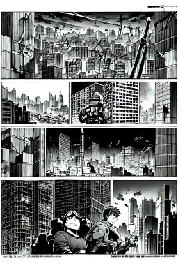 hiroshima nuclear bomb, city destruction. manga page, greyscale