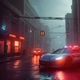 Cyberpunk,police car in night city on the rain unreal engine 5, octane render,cinema4d, dynamic lighting, 8k, redshift render, highly, hyperrealism ultra realistic, hyper realistic.