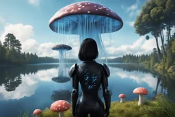 photorealistic photo of a woman with black hair, dressed in an android suit, looking out over a lake, at a mushroom with jellyfish tentacles with tall narrow cloud trees in the background