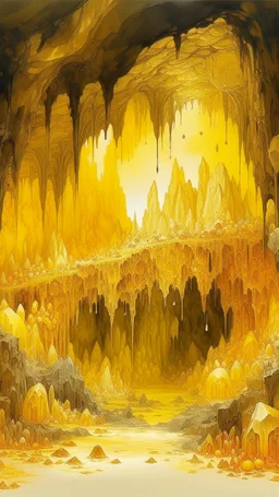 A golden yellow cave with round crystals painted by Qiu Ying