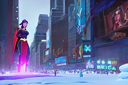 Supergirl building a giant snowman in Times Square.