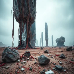 A striking quality close-up photograph captures a surreal wasteland a surreal wasteland on which gigantic immense enormous structures of indefinite shape stand, made of various materials, covered with silver, red, black plastic material, which descends to the ground, spooky, creepy, details of the dust very accentuated, glossy, organic, adorned with minerals and rocks. Bathed in feeble light, eerie, volumetric light, octane render, hasselblad h6d400c --ar 85:128 -- v6