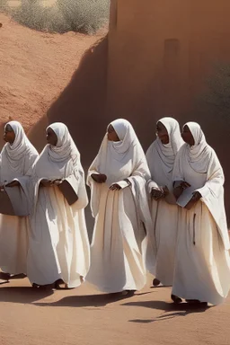 7 suore africane con tunica grigia giornata di sole precipizio fuori città , terra rossa