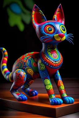 un ser con forma indefinida de felino dibujado y pintado estilo alebrije mexicanos de colores vibrantes. que genere una atmosfera de magia y encanto