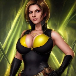 ultra detailed fullbody portrait of beautiful busty Jill Valentine , wearing skintight yellow and black costume, extremely detailed digital painting, intrincate, extremely detailed smiling face,crystal clear Big Green eyes, in the style of adrian smith , mystical colors , perfectly centered image, perfect composition, rim light, beautiful lighting,8k, stunning scene, raytracing