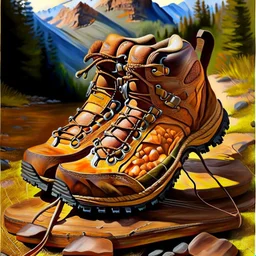 brown hiking shoes, art, acrilyc colors, bright, masterpiece, realistic